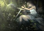  1girl bare_arms blonde_hair dress expressionless fantasy grey_eyes highres in_water leaning_over lily_pad long_hair looking_at_viewer original partially_submerged plant planted_weapon sitting_on_rock solo sphere strapless strapless_dress swamp sword vines weapon yamada_tokihiko 