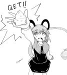  1girl animal_ears arm_up basket black_dress black_skirt blush_stickers capelet cheese clenched_hand dress dutch_angle english food foreshortening from_above greyscale holding holding_food jewelry looking_at_viewer monochrome mouse_ears mouse_tail nazrin necklace open_mouth skirt tail taurine_8000mg teeth touhou twitter_username 