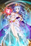  1girl blue_eyes blue_hair breasts cape chain_chronicle character_request cleavage crown full_body gloves holding holding_staff large_breasts long_hair looking_at_viewer open_mouth smile solo staff tsuji_santa white_gloves 