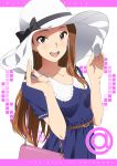  1girl :d bag belt belt_buckle black_bow blue_dress blush bow breasts brown_hair buckle character_name collarbone dress handbag hands_on_headwear hat hat_bow heart heart_background idolmaster long_hair looking_at_viewer minase_iori open_mouth red_eyes round_teeth short_sleeves shoulder_bag small_breasts smile solo straight_hair sun_hat taku1122 teeth upper_body 