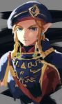  1boy armor beret blonde_hair blue_eyes blue_hat cape closed_mouth commentary earrings hat highres jewelry light_frown link looking_at_viewer male_focus na_(oagenosuke) pointy_ears sketch solo the_legend_of_zelda upper_body 