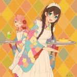  2girls :d ;d akashi_(kantai_collection) alternate_costume alternate_hairstyle apron black_hair cake cocktail cocktail_glass colis commentary_request cup drinking_glass flower food glasses green_eyes hair_flower hair_ornament hair_ribbon hairband ice_cream ice_cream_float japanese_clothes kantai_collection long_hair maid_apron maid_headdress multiple_girls one_eye_closed ooyodo_(kantai_collection) open_mouth pink_hair red_flower red_ribbon ribbon smile tray twitter_username wa_maid 