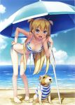  1girl :d absurdres alice_third_macy animal bare_legs barefoot beach beach_umbrella bent_over bikini blonde_hair blue_eyes blush breasts cleavage clothed_animal collarbone cropped day dog feet front-tie_top full_body hand_on_hip highres kantoku koi_suru_kanojo_no_bukiyou_na_butai lens_flare long_hair looking_at_viewer medium_breasts navel open_mouth outdoors pigeon-toed scan side-tie_bikini smile solo striped striped_bikini striped_swimsuit swimsuit toes two_side_up umbrella very_long_hair 