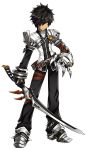  1boy absurdres artist_request belt black_gloves black_hair black_pants closed_mouth elsword expressionless full_body gloves hair_over_one_eye highres holding holding_sword holding_weapon jacket looking_at_viewer male_focus mechanical_arm messy_hair official_art pants raven_(elsword) shoes solo standing sword sword_taker_(elsword) weapon white_jacket yellow_eyes 