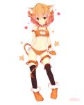  1girl absurdres animal_ears bare_shoulders black_legwear blush bra cat_ears cat_lingerie cat_paws cat_tail closed_mouth collarbone eyebrows_visible_through_hair fang full_body heart highres huaimeng looking_at_viewer meme_attire orange_bra orange_eyes orange_hair orange_panties original panties paws short_hair smile solo star tail thigh-highs underwear 