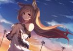  1girl animal_ears bare_shoulders between_breasts breasts brown_hair chiroru_(cheese-roll) clouds dress dutch_angle hand_between_breasts hands_up highres imaizumi_kagerou long_hair looking_at_viewer medium_breasts outdoors power_lines red_eyes sky solo touhou upper_body very_long_hair wind wolf_ears 