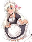  1girl aikawa_ryou alternate_costume apron blonde_hair blue_eyes blush bow bowtie choker enmaided flower hair_flower hair_ornament heart highres kantai_collection maid open_mouth ro-500_(kantai_collection) smile solo standing tan thigh-highs 