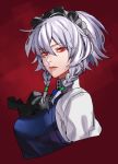  1girl ascot black_neckwear blue_vest braid breasts closed_mouth commentary_request cropped_torso eyebrows_visible_through_hair from_side hair_between_eyes highres izayoi_sakuya large_breasts lips looking_at_viewer looking_to_the_side maid_headdress purple_hair red_background red_eyes silver_hair solo touhou twin_braids vest yosi135 