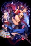  1girl 2girls animal_ears ass barefoot bell blue_eyes breasts detached_sleeves ecens erun_(granblue_fantasy) fan feet fox_ears fox_shadow_puppet fox_tail granblue_fantasy hair_bell hair_ornament highres japanese_clothes kimono long_hair multiple_girls panties purple_hair sideboob silver_hair socie_(granblue_fantasy) soles tail thigh-highs toes underwear white_hair yuel_(granblue_fantasy) 