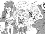  1girl 2boys bag bare_shoulders blush boots brother_and_sister christmas dress facial_hair fire_emblem fire_emblem:_kakusei fire_emblem_heroes gloves hair_ornament hood krom liz_(fire_emblem) long_hair looking_at_viewer male_my_unit_(fire_emblem:_kakusei) monochrome multiple_boys mustache my_unit_(fire_emblem:_kakusei) open_mouth short_hair short_twintails siblings smile twintails 