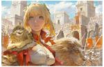  1girl animal armor blonde_hair breasts cleavage cleavage_cutout closed_mouth collar copyright_name crowd day fate/extra fate/grand_order fate_(series) fur_trim green_eyes hair_ribbon krenz lion medium_breasts nero_claudius_(fate) nero_claudius_(fate)_(all) outdoors ribbon short_hair shoulder_armor solo sunlight 