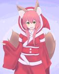  1girl animal_ears breasts calligraphy_brush calligraphy_brush_(medium) fang fate/grand_order fate_(series) fox_ears fox_tail gradient gradient_background hat highres japanese_clothes multiple_tails paintbrush pink_hair santa_costume santa_hat sekigahara_(sakura_fubuki) solo tail tamamo_(fate)_(all) tamamo_no_mae_(fate) traditional_media watercolor_(medium) yellow_eyes 