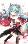  1girl belt black_legwear blue_eyes blue_hair bow christmas cloak graphite_(medium) hatsune_miku heart highres k.syo.e+ long_hair santa_costume skirt smile solo star thigh-highs traditional_media vocaloid 