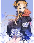  1girl abigail_williams_(fate/grand_order) bangs black_bow black_dress black_hat blonde_hair bloomers blue_eyes blush bow butterfly closed_mouth commentary_request dress eyebrows_visible_through_hair fate/grand_order fate_(series) forehead hair_bow hat long_sleeves looking_at_viewer object_hug orange_bow parted_bangs polka_dot polka_dot_bow sleeves_past_wrists smile solo stuffed_animal stuffed_toy teddy_bear tsuedzu underwear white_bloomers 