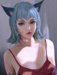  1girl animal_ears bangs blue_hair breasts cat_ears choker closed_mouth commentary eyeliner eyeshadow highres lips looking_at_viewer makeup medium_breasts nose original quianyu_mo red_lips red_shirt shirt short_hair silver_choker solo tank_top upper_body 