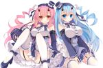  2girls :o azur_lane bag bangs bare_shoulders between_legs blue_eyes blue_footwear blue_hair blue_hairband blue_hat blue_neckwear blue_skirt blush bow bowtie breasts brown_eyes center_frills closed_mouth commentary_request detached_sleeves eyebrows_visible_through_hair flower frilled_legwear frilled_skirt frilled_sleeves frills garter_straps hair_between_eyes hair_flower hair_ornament hairband hand_between_legs handbag hat high_heels highres holding_bag horns ikazuchi_(azur_lane) inazuma_(azur_lane) large_breasts lightning_bolt long_hair long_sleeves looking_at_viewer mini_hat mini_top_hat multiple_girls one_side_up parted_lips pink_hair rose shirt simple_background sitting skirt striped_neckwear thigh-highs top_hat very_long_hair wariza white_background white_legwear white_rose white_shirt yuutsuki_hina 