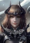  1girl armor artist_name bangs brown_eyes brown_hair chuby_mi closed_mouth commentary eyelashes final_fantasy final_fantasy_xiv highres lips long_hair looking_at_viewer nose solo watermark 