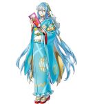  1girl aqua_(fire_emblem_if) bangs blue_hair fire_emblem fire_emblem_heroes fire_emblem_if floral_print full_body hanetsuki highres holding japanese_clothes kaya8 kimono long_hair long_sleeves looking_at_viewer obi official_art parted_lips sandals sash smile solo standing tabi transparent_background veil very_long_hair wide_sleeves yellow_eyes 