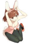  1girl adjusting_headwear animal_ears armpits arms_up bangs bare_arms bare_shoulders black_legwear blush breasts brown_hair bunny_day bunny_tail bunnysuit cleavage commentary covered_navel fake_animal_ears from_above hairband high_heels kawai_makoto large_breasts legs_together leotard long_hair looking_at_viewer looking_up open_mouth original pantyhose pink_leotard ponytail rabbit_ears shoes_removed simple_background sitting solo tail thigh_gap white_background yellow_eyes yokozuwari 