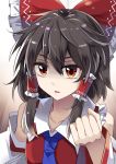  1girl ascot bare_shoulders black_hair blue_neckwear bow brown_eyes clenched_hand collarbone commentary_request detached_sleeves e.o. frills hair_bow hair_tubes hakurei_reimu highres looking_at_viewer parted_lips red_bow sidelocks touhou 
