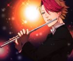  1boy blonde_hair bow bowtie brown_eyes con_potata eyes_visible_through_hair flute formal hair_over_one_eye instrument lips male_focus minami_kenjirou multicolored_hair music playing_instrument redhead sparkle suit two-tone_hair yuri!!!_on_ice 