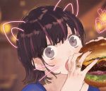  1girl animal_ears bangs black_hair black_nails blue_shirt blush cat_ears commentary_request eating fingernails food hamburger heart highlights holding holding_food looking_at_viewer multicolored_hair nail_polish noco_(adamas) open_mouth original shirt short_hair solo whisker_markings 