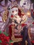  1girl absurdly_long_hair alcohol bare_shoulders black_legwear blush breasts cleavage closed_mouth collarbone cup demon_girl drinking_glass eyebrows_visible_through_hair fantasy flower grey_hair horns lantern large_breasts long_hair looking_at_viewer mellozzo navel original red_eyes rose sitting skull smile solo thigh-highs throne very_long_hair wine wine_glass 