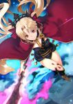  1girl 55level asymmetrical_legwear black_legwear blonde_hair cape earrings ereshkigal_(fate/grand_order) fate/grand_order fate_(series) from_above hair_ribbon highres holding holding_weapon jewelry long_hair looking_to_the_side red_cape red_eyes red_ribbon ribbon single_thighhigh skull smile solo thigh-highs tiara weapon 