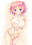  1girl bare_shoulders blush breasts closed_mouth commentary_request covering covering_crotch eyebrows_visible_through_hair groin highres ichi_makoto large_breasts legs_together looking_at_viewer mikakunin_de_shinkoukei naked_sweater pink_hair ribbed_sweater simple_background sleeveless smile solo standing sweater turtleneck turtleneck_sweater two_side_up violet_eyes white_sweater yonomori_kobeni 