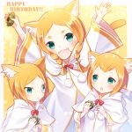  1girl 2boys :3 :d animal_ears arms_up bangs bell blush bow braid brother_and_sister brothers cat_ears closed_mouth commentary_request fangs green_eyes hair_bell hair_ornament happy_birthday heitarou_pearlbaton jingle_bell kashiwa_mochi_(food) long_hair long_sleeves looking_at_viewer looking_to_the_side mimi_pearlbaton monocle multiple_boys open_mouth orange_hair outstretched_arms parted_bangs parted_lips pom_pom_(clothes) ransui re:zero_kara_hajimeru_isekai_seikatsu red_bow robe short_hair siblings smile thick_eyebrows tivey_pearlbaton twin_braids white_robe wide_sleeves 