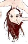  1girl :o armpits bangs brown_hair commentary_request fingernails grey_eyes kawai_makoto looking_at_viewer nude original signature simple_background solo upper_body upside-down white_background 