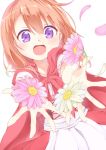  1girl :d bangs blush cape commentary_request corset eyebrows_visible_through_hair foreshortening gochuumon_wa_usagi_desu_ka? hair_between_eyes hair_ribbon hetareeji hoto_cocoa low_twintails open_mouth orange_hair outstretched_arms petals pink_flower pink_ribbon red_cape red_skirt ribbon shirt short_hair short_sleeves short_twintails skirt smile solo twintails upper_body violet_eyes white_flower white_shirt 