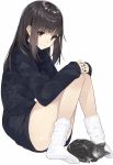  1girl absurdres black_hair bottomless cat highres kou_mashiro long_hair sitting socks sweater 