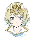  1girl blonde_hair blue_eyes blue_hair crown earrings fire_emblem fire_emblem_heroes fjorm_(fire_emblem_heroes) gradient gradient_hair jewelry looking_at_viewer multicolored_hair short_hair simple_background smile solo yurige 