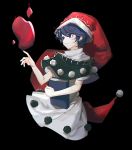  1girl :3 aibivy bare_arms black_background blue_eyes blue_hair book capelet doremy_sweet dream_soul dress hand_up hat highres holding holding_book jpeg_artifacts nightcap pom_pom_(clothes) red_hat short_hair simple_background smile solo touhou turtleneck white_dress 