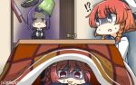  !? 3girls :3 black_jacket braid commentary_request dated etorofu_(kantai_collection) hamu_koutarou hat highres jacket kantai_collection kotatsu long_hair long_sleeves mechanical_halo multiple_girls open_mouth pink_hair purple_hair red_eyes redhead sailor_hat shaded_face short_hair table tatsuta_(kantai_collection) twin_braids uzuki_(kantai_collection) violet_eyes white_hat 