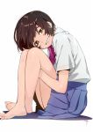  1girl bare_legs barefoot blue_skirt blush_stickers bow bowtie brown_hair commentary from_side full_body green_eyes grey_shirt head_on_knees head_tilt kawai_makoto leg_hug legs_crossed looking_at_viewer looking_to_the_side original pink_neckwear pleated_skirt shirt short_hair short_sleeves simple_background sitting skirt smile solo white_background 