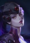  1girl bodysuit close-up eyelashes face head_mounted_display highres lipstick long_hair looking_at_viewer makeup nose open_mouth overwatch parted_lips portrait purple_bodysuit purple_lips purple_lipstick purple_skin solo teeth widowmaker_(overwatch) y_xun yellow_eyes 