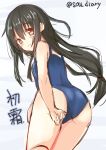  1girl adjusting_clothes adjusting_swimsuit ass black_hair blush embarrassed hatsushimo_(kantai_collection) kantai_collection long_hair low-tied_long_hair red_eyes solo sou_(soutennkouchi) swimsuit twitter_username 
