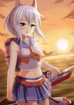  1girl anchor_symbol animal_ears arlly_radithia ayanami_(azur_lane) azur_lane bangs bare_arms blue_skirt clouds collarbone commentary_request eyebrows_visible_through_hair hair_between_eyes high_ponytail highres holding holding_sword holding_weapon horizon long_hair looking_at_viewer machinery neckerchief ocean orange_eyes outdoors parted_lips pleated_skirt ponytail school_uniform searchlight serafuku shirt silver_hair skirt sky sleeveless sleeveless_shirt solo sun sunset sword water weapon white_shirt yellow_neckwear yellow_sky 