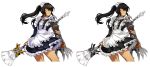  2girls april_fools artist_request black_dress black_hair blue_dress brooch broom dress dual_persona elsword frilled_dress frills genderswap genderswap_(mtf) highres holding holding_broom jewelry long_hair looking_afar maid mechanical_arm multiple_girls official_art raven_(elsword) scar sidelocks twintails yellow_eyes 