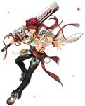 1boy artist_request belt black_neckwear black_pants bracelet choker closed_mouth elsword elsword_(character) full_body hair_over_one_eye headband holding holding_sword holding_weapon jewelry long_hair looking_at_viewer male_focus necklace official_art outstretched_hand over_shoulder pants red_eyes redhead rune_master_(elsword) shirtless shoes smile solo sword weapon white_coat 