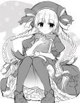  1girl bangs beret blush book bow braid dress eyebrows_visible_through_hair fate/extra fate_(series) greyscale hair_between_eyes hair_bow hat hat_bow looking_at_viewer low_twintails miko_92 monochrome mushroom nursery_rhyme_(fate/extra) object_hug panties panties_under_pantyhose pantyhose parted_lips pigeon-toed puffy_short_sleeves puffy_sleeves shoes short_sleeves sitting sketch solo twin_braids twintails underwear 