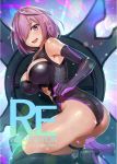  1girl ass black_legwear black_leotard breasts commentary_request elbow_gloves fate/grand_order fate_(series) gloves hair_over_one_eye large_breasts lavender_hair leotard looking_at_viewer mash_kyrielight open_mouth purple_hair pyz_(cath_x_tech) shield short_hair smile solo teeth thigh-highs thigh_strap thighs violet_eyes 