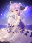  1girl absurdly_long_hair ahoge azur_lane bare_shoulders blue_bow blush bow elbow_gloves eyebrows_visible_through_hair gloves holding holding_stuffed_animal kneeling long_hair mellozzo night night_sky outdoors parted_lips purple_hair sky solo star_(sky) starry_sky stuffed_animal stuffed_toy stuffed_unicorn unicorn_(azur_lane) very_long_hair violet_eyes white_gloves 