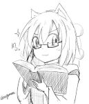  &gt;:) 1girl animal_ears bangs blush_stickers book eyebrows_visible_through_hair glasses greyscale hair_between_eyes hat holding holding_book inubashiri_momiji looking_at_viewer lowres monochrome pom_pom_(clothes) sparkle taurine_8000mg tokin_hat touhou translation_request twitter_username wide_sleeves wolf_ears 
