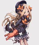  1girl abigail_williams_(fate/grand_order) bangs black_bow black_dress black_hat blonde_hair bloomers blue_eyes bow butterfly closed_mouth commentary_request dress fate/grand_order fate_(series) grey_background hair_bow hat long_hair long_sleeves looking_at_viewer orange_bow parted_bangs polka_dot polka_dot_bow shino_(eefy) simple_background sleeves_past_wrists solo stuffed_animal stuffed_toy teddy_bear underwear very_long_hair white_bloomers 
