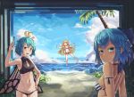  3girls antennae aqua_hair bare_arms bare_legs bare_shoulders barefoot beach bikini bikini_skirt black_bikini blonde_hair blue_bow blue_eyes blue_hair blue_sky bow breasts butterfly_wings cirno cleavage closed_mouth day eternity_larva eyebrows_visible_through_hair fairy_wings floating full_body hair_bow hand_on_hip hand_up lily_white long_hair looking_at_viewer multiple_girls natori_youkai navel no_wings ocean open_mouth orange_eyes outdoors outstretched_arms palm_tree red_bikini ringed_eyes short_hair sky smile spread_arms standing stomach striped striped_bikini summer swimsuit tan touhou tree upper_body very_long_hair wings 