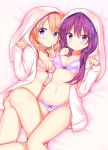  2girls animal_hood ass blush bra breasts brown_hair cleavage collarbone embarrassed eyebrows_visible_through_hair feet finger_to_mouth gochuumon_wa_usagi_desu_ka? highres hood hoto_cocoa long_hair looking_at_viewer medium_breasts multiple_girls nanakusa_amane navel panties pink_border purple_bra purple_hair purple_panties shiny shiny_skin short_hair smile tedeza_rize twintails underwear violet_eyes 