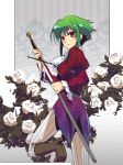  1girl asellus_(saga_frontier) breasts commentary_request dress flower green_hair hani_kuraun red_eyes rose saga saga_frontier short_hair solo 